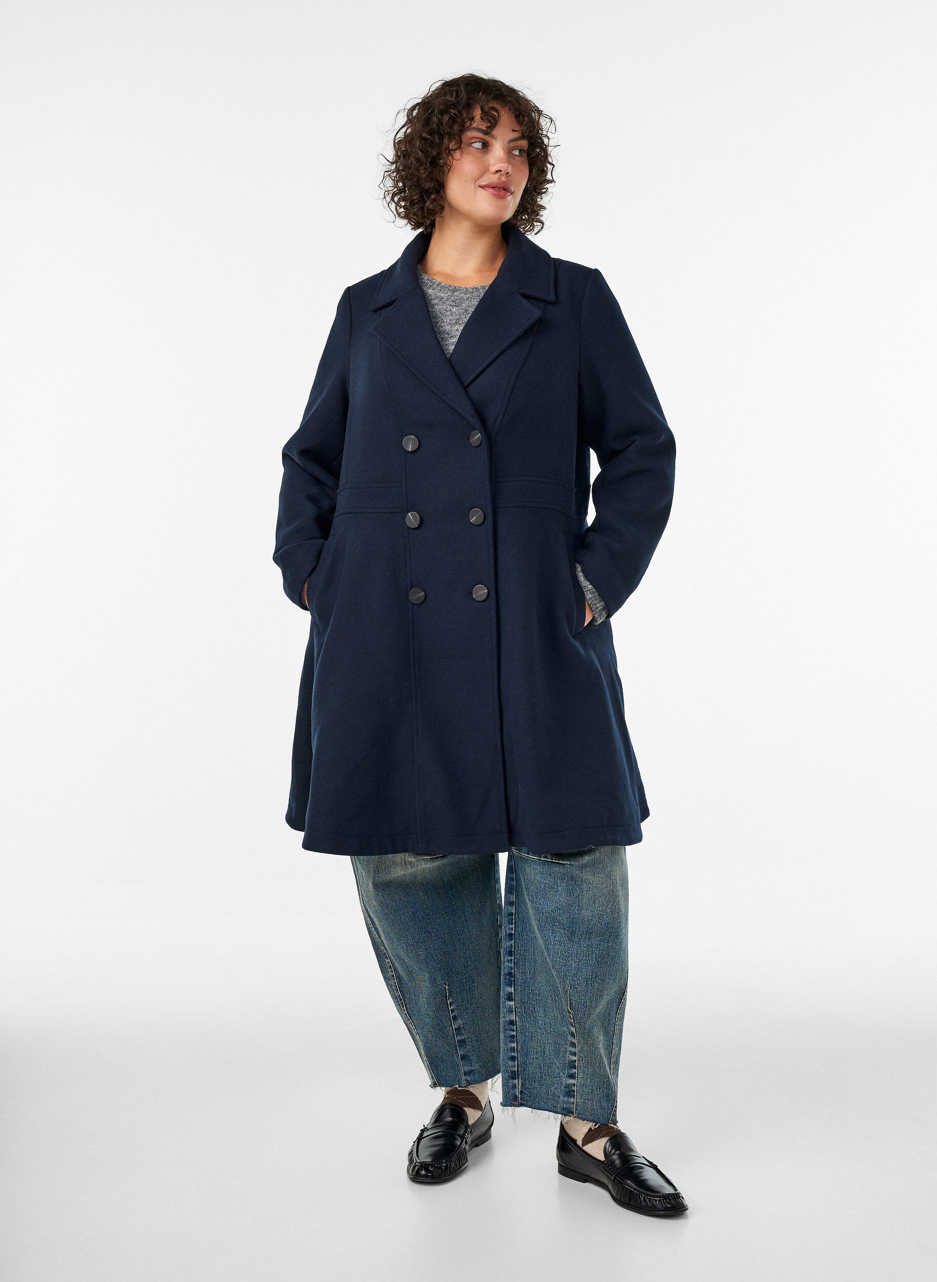 ZizziA-line wool coat with pockets, Blue, Model image number 1