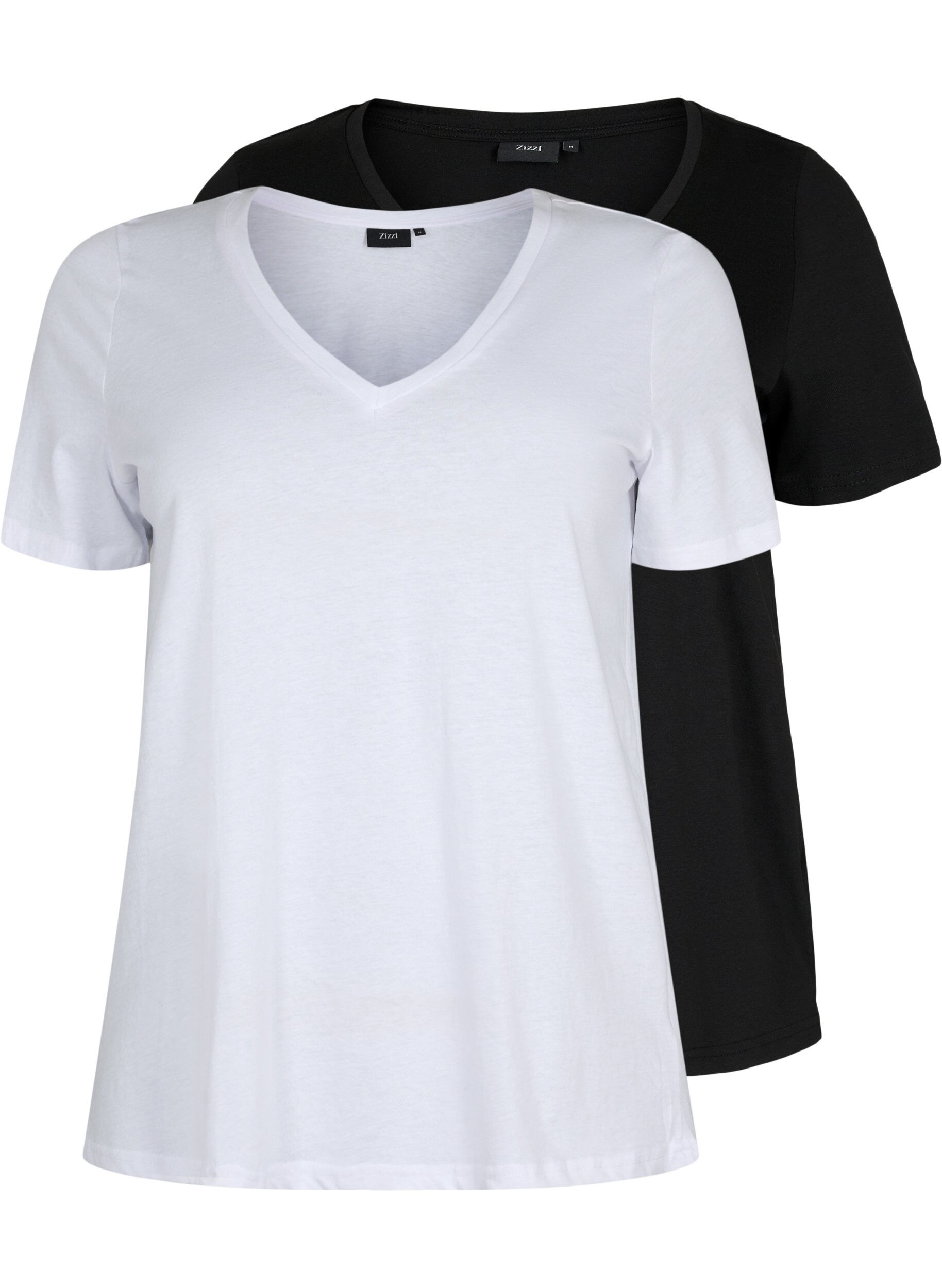 Zizzi 2-pack t-shirt met v-hals, Bright White / Black, Packshot image number 0