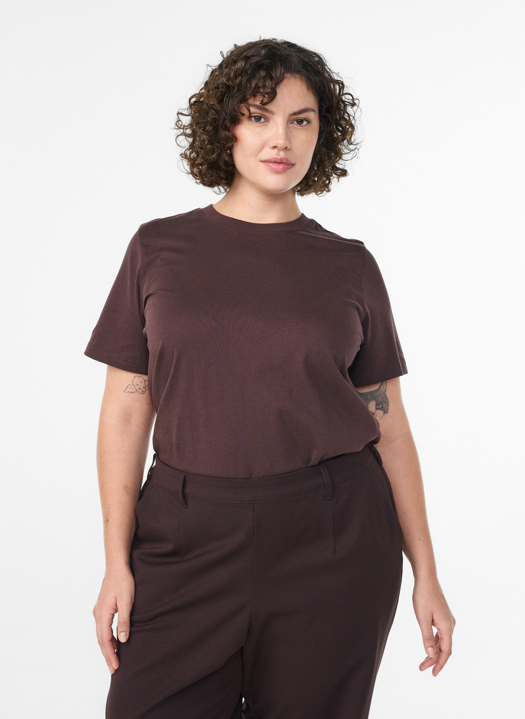 ZizziBasic katoenen T-shirt met ronde hals, Bruin, Model image number 0