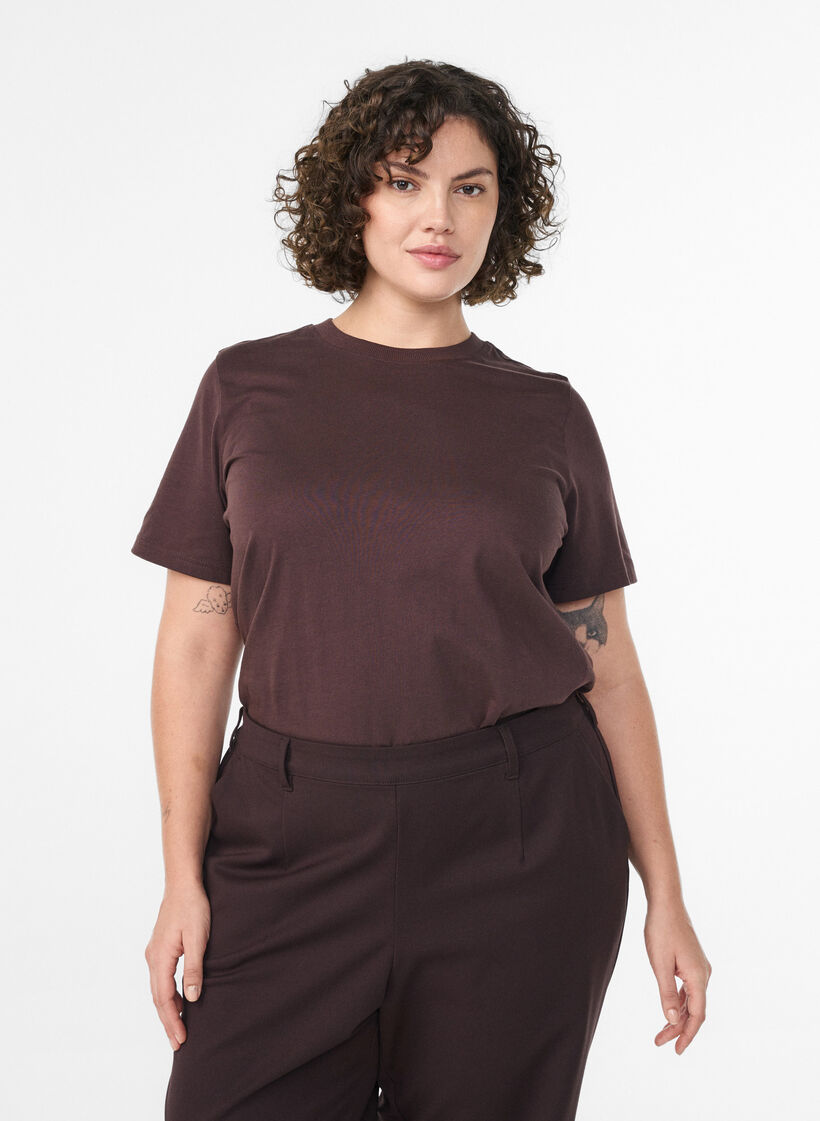 Basic katoenen T-shirt met ronde hals, Bruin, Model image number 0