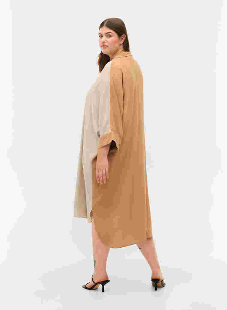 Viscose blouse jurk met 3/4 mouwen en color-block, Praline, Model image number 1