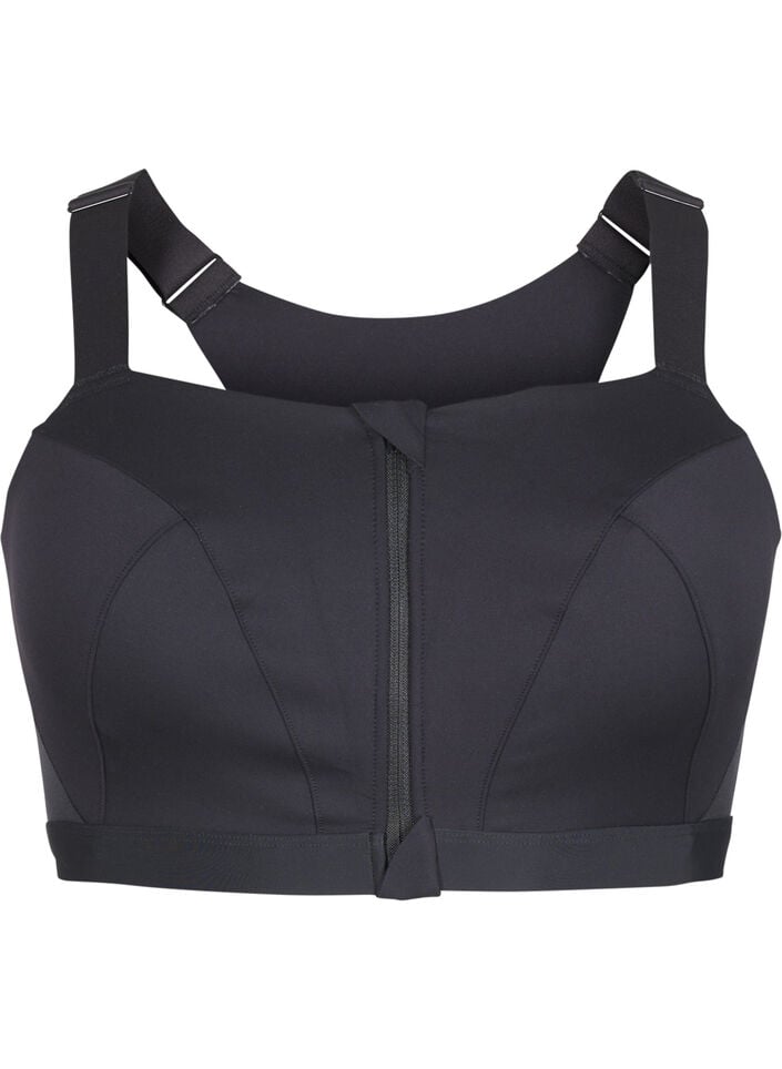 Sportbeha met sluiting aan de voorkant en goede ondersteuning, Zwart, Packshot image number 0