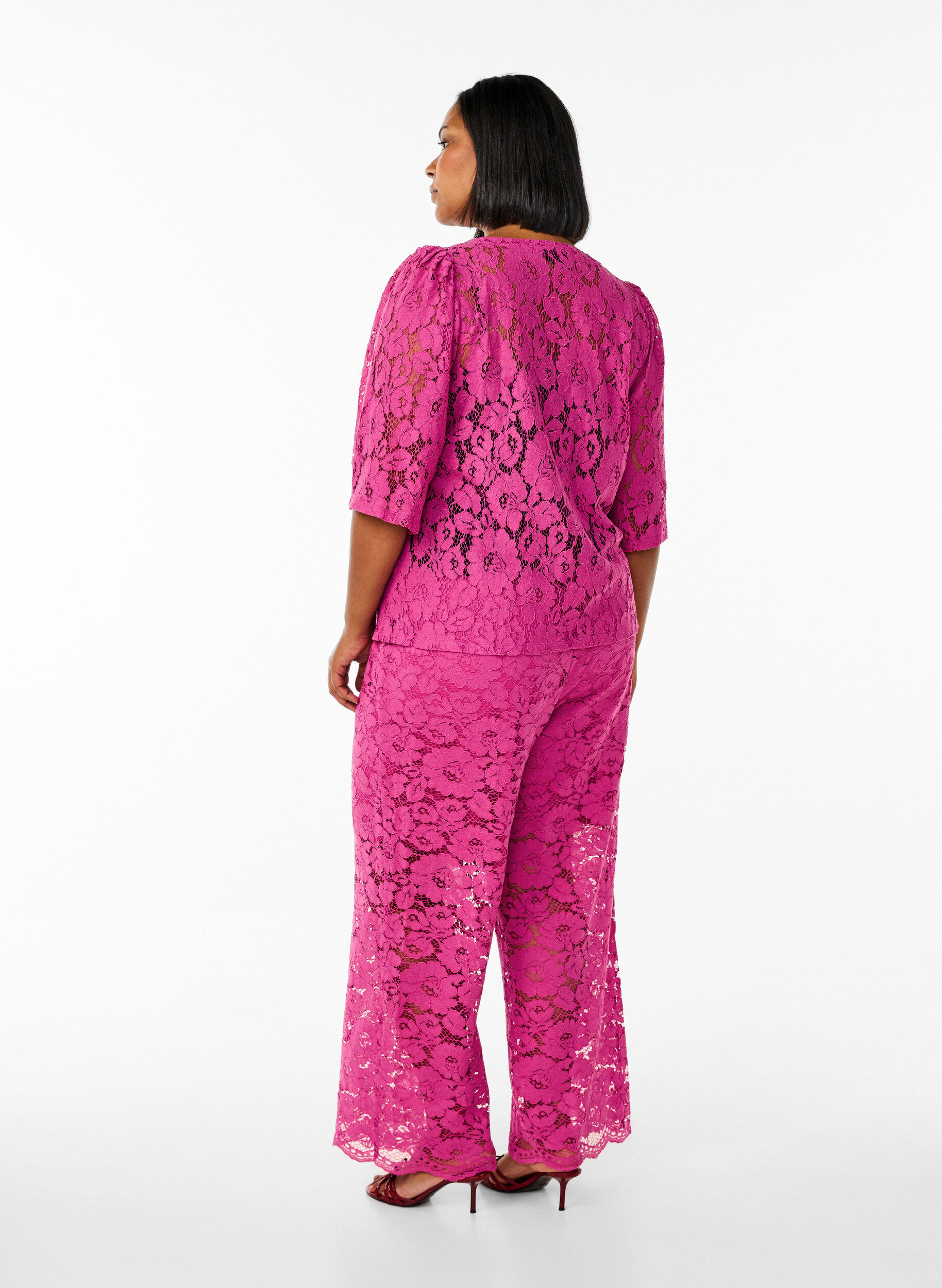 Zizzi Kanten broek met hoge taille en zakken, Roze, Model image number 1