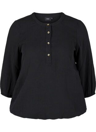 Katoenen blouse met knopen en 3/4-mouwen, Black, Packshot image number 0
