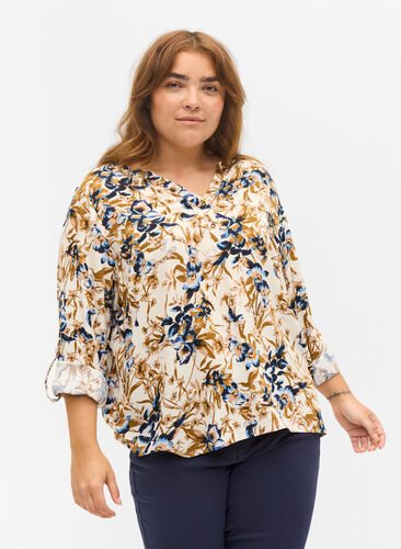 100% viscose blouse met bloemenprint, Ecru Flower, Model image number 0