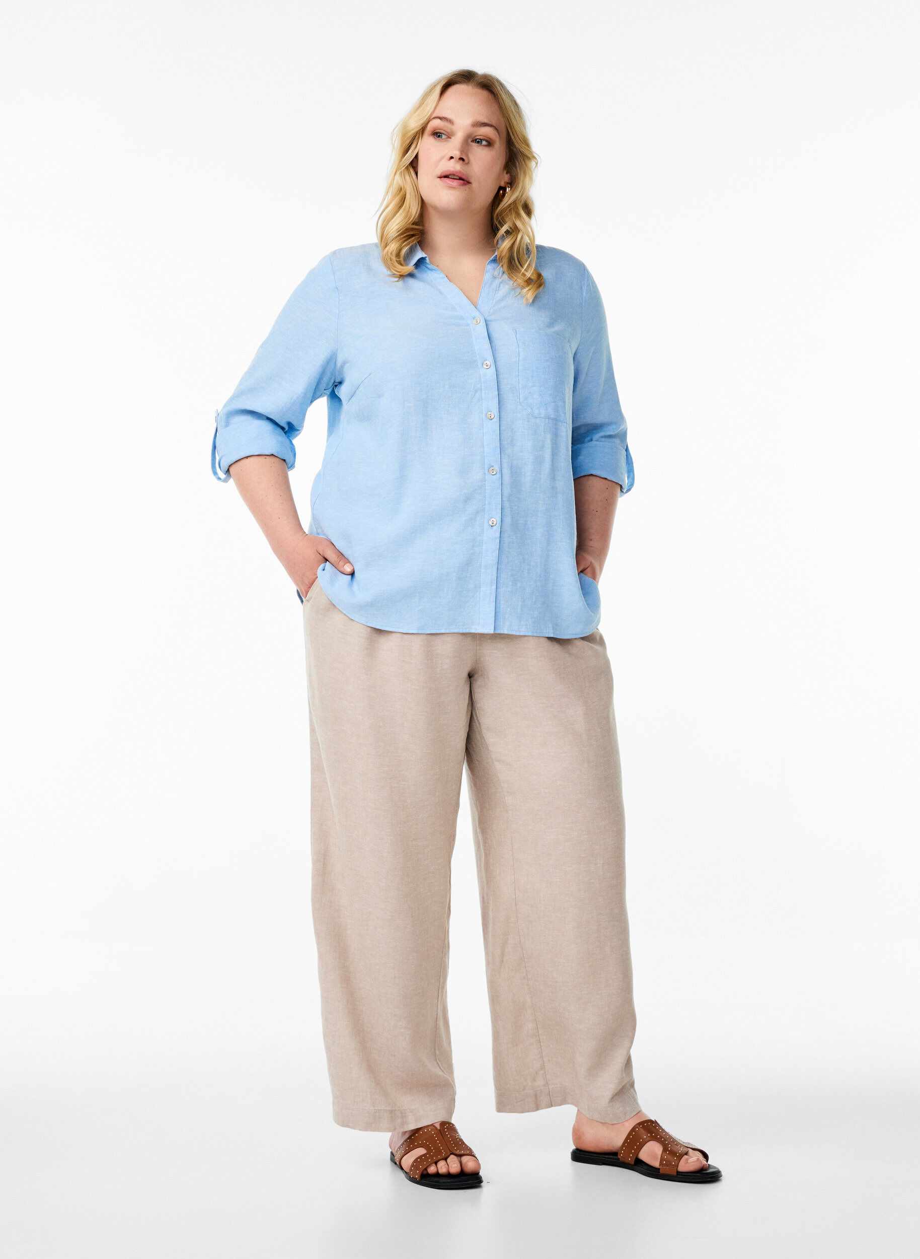 ZizziLinnen en viscose shirt met 3/4 mouwen, Blauw, Model image number 1
