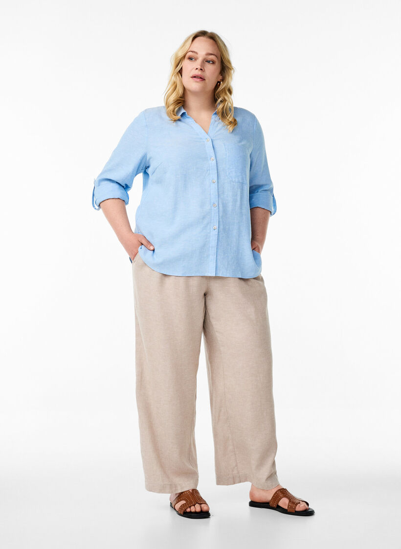 Linnen en viscose shirt met 3/4 mouwen, Blauw, Model image number 1