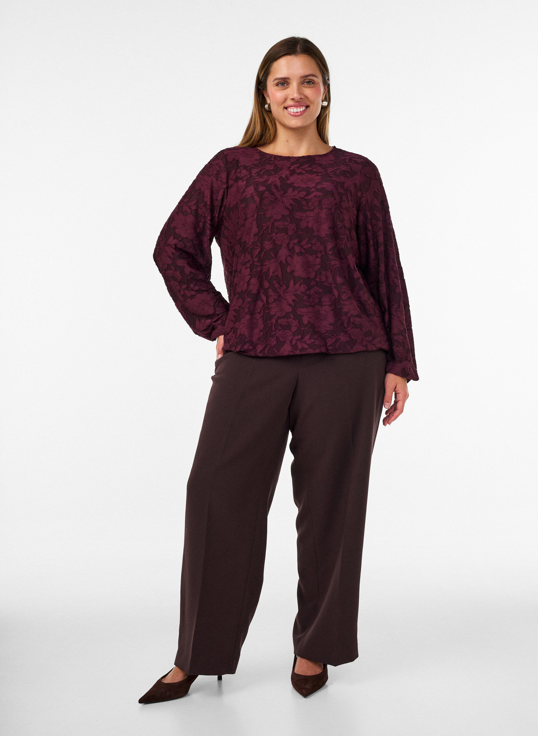 ZizziDoorschijnende blouse met bloemenstructuur en lange mouwen, Rood, Model image number 1