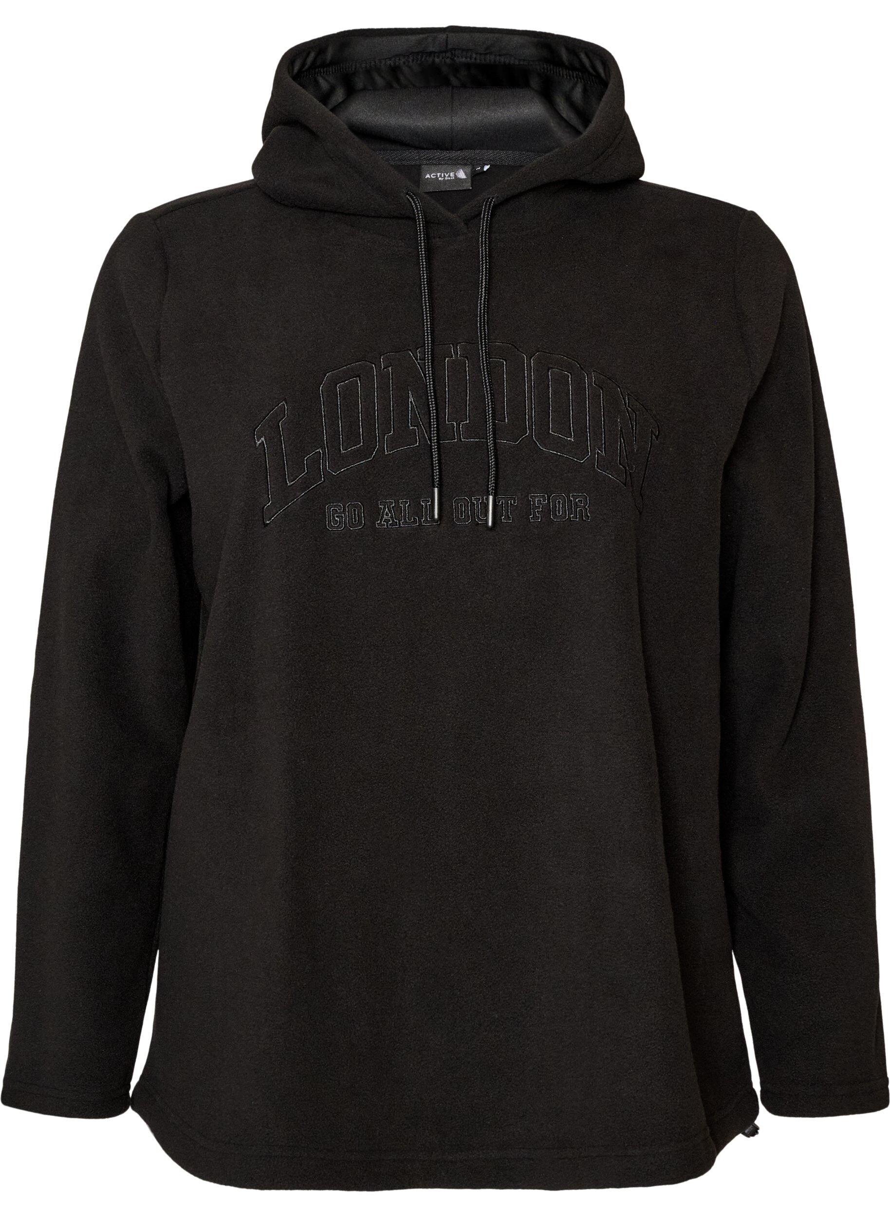ZizziFleece hoodie met een hoge nek en geborduurde tekst, Zwart, Packshot image number 0