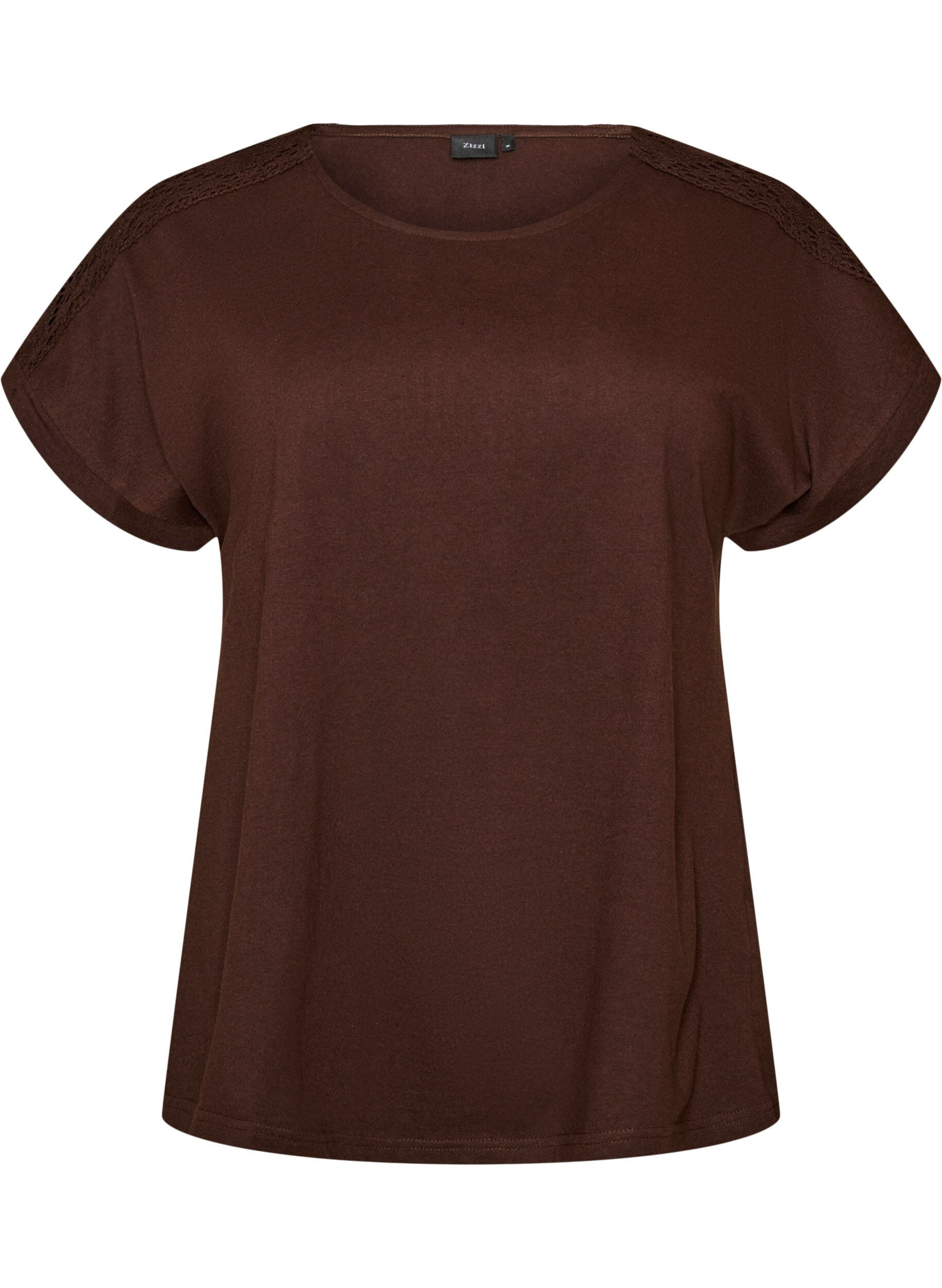 ZizziKatoenen T-shirt met haakdetail, Bruin, Packshot image number 0
