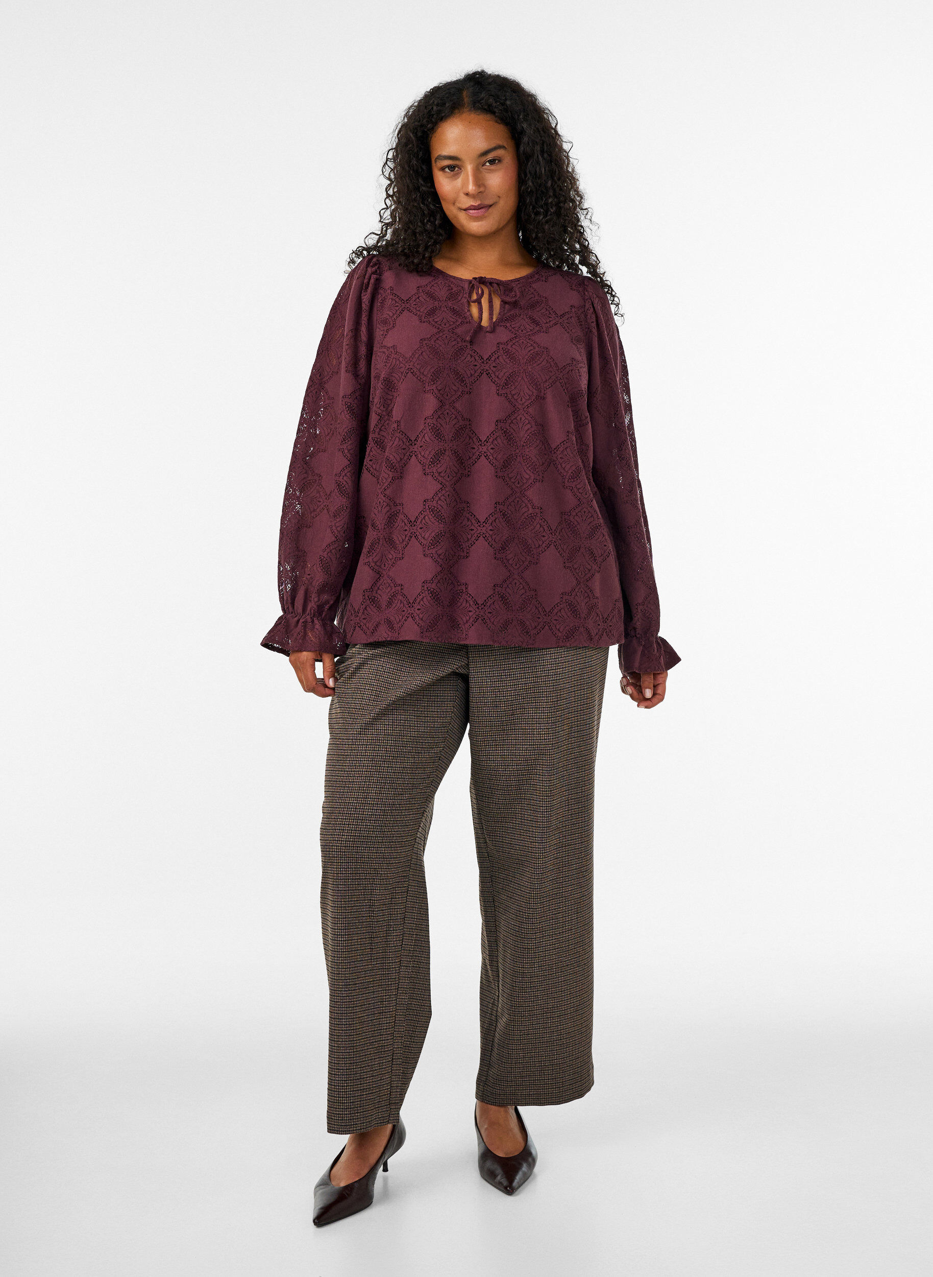 ZizziBlouse met lange mouwen met kantpatroon, Donker Bordeaux, Model image number 1