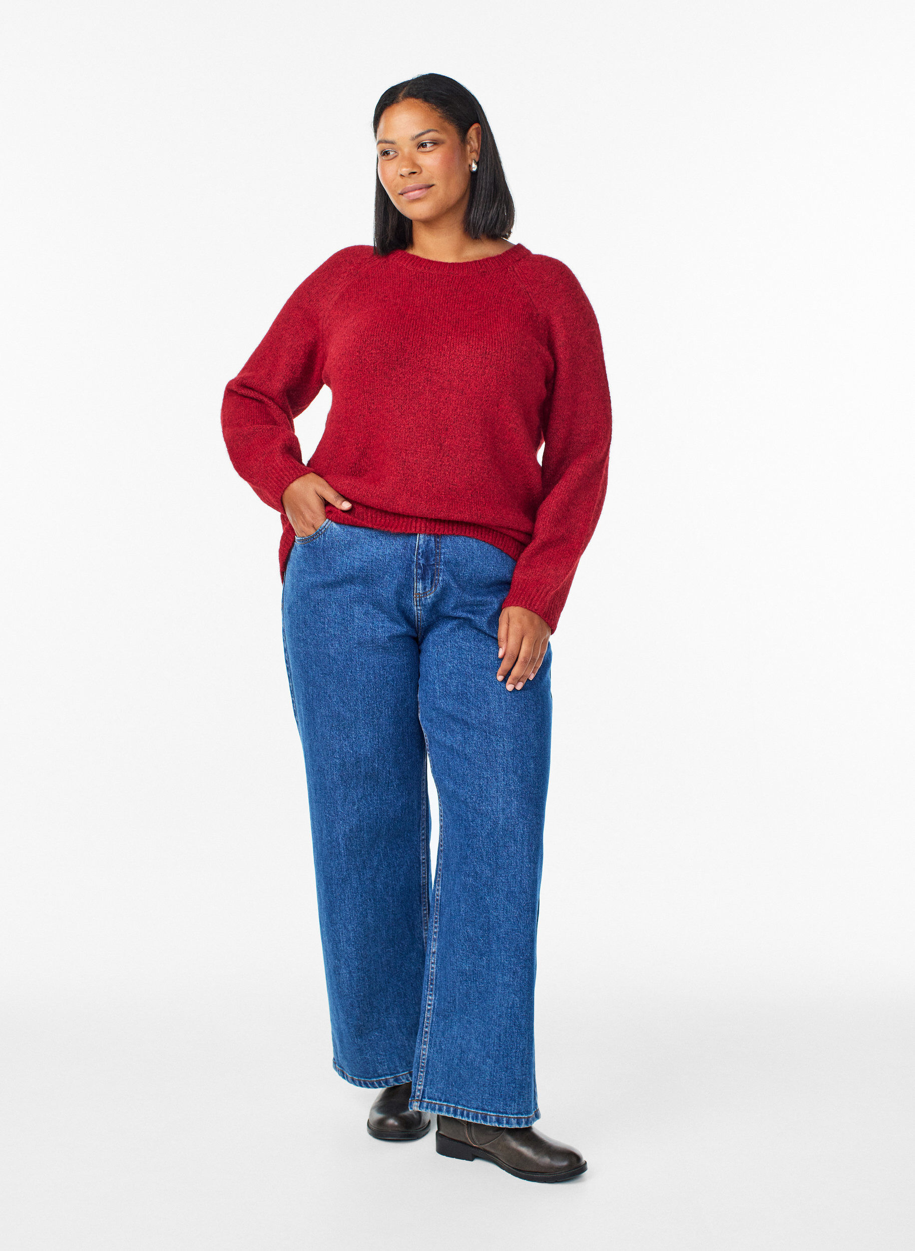 Zizzi Gebreide blouse met raglanmouwen, Rood, Model image number 1