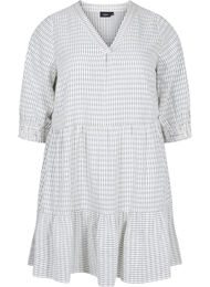 Gedessineerde katoenen jurk met 3/4-mouwen en smokwerk, White Check