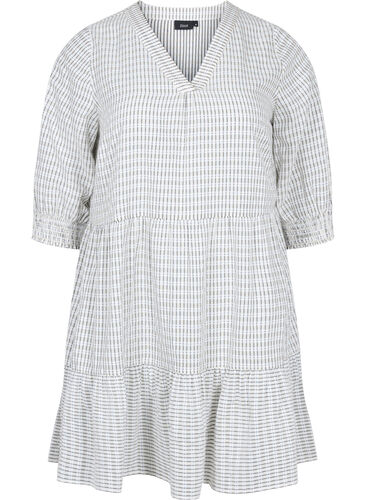 Gedessineerde katoenen jurk met 3/4-mouwen en smokwerk, White Check, Packshot image number 0
