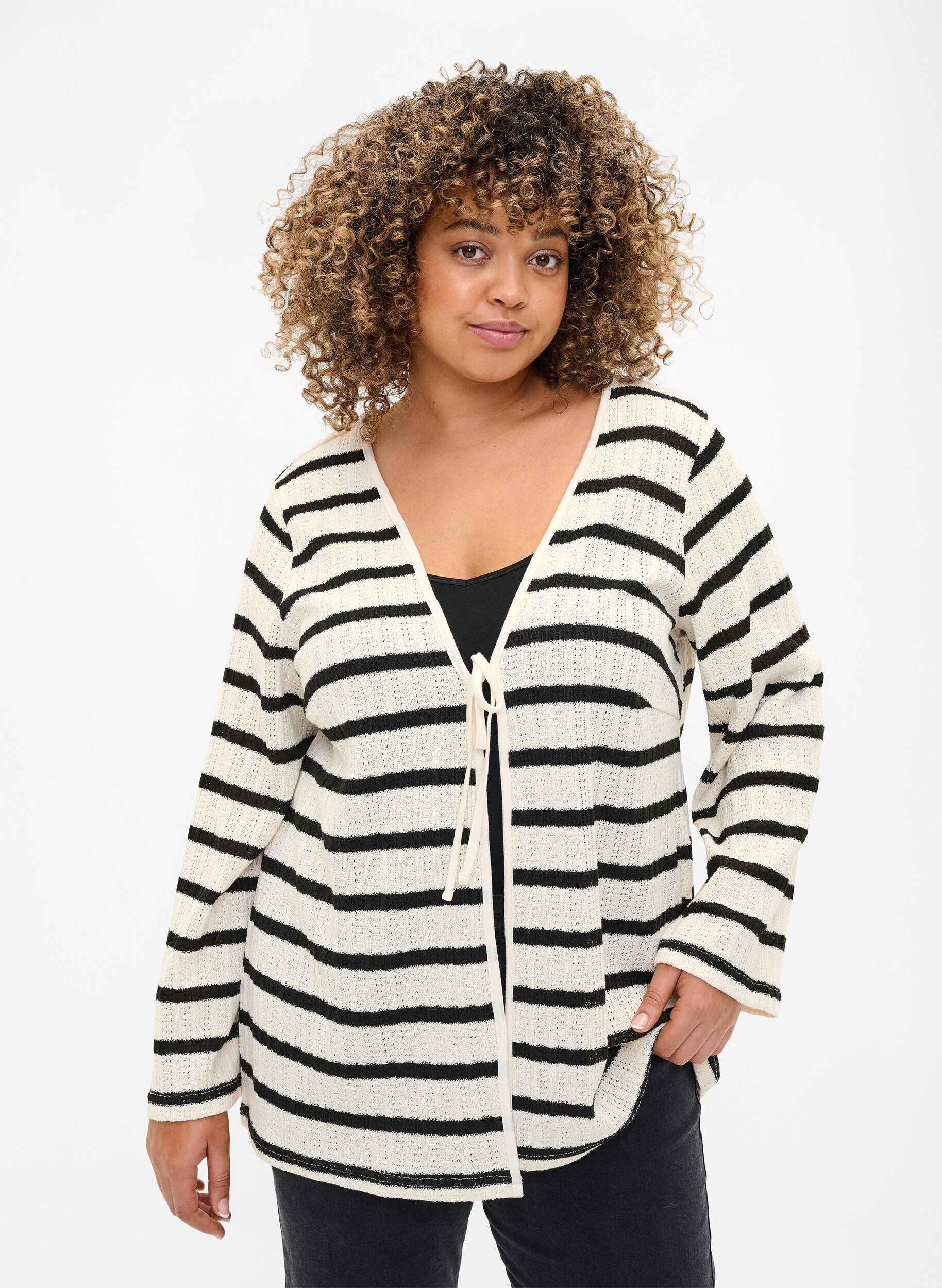 Zizzi Gestreept vest met strikkoord, Sand Black Stripe, Model image number 0