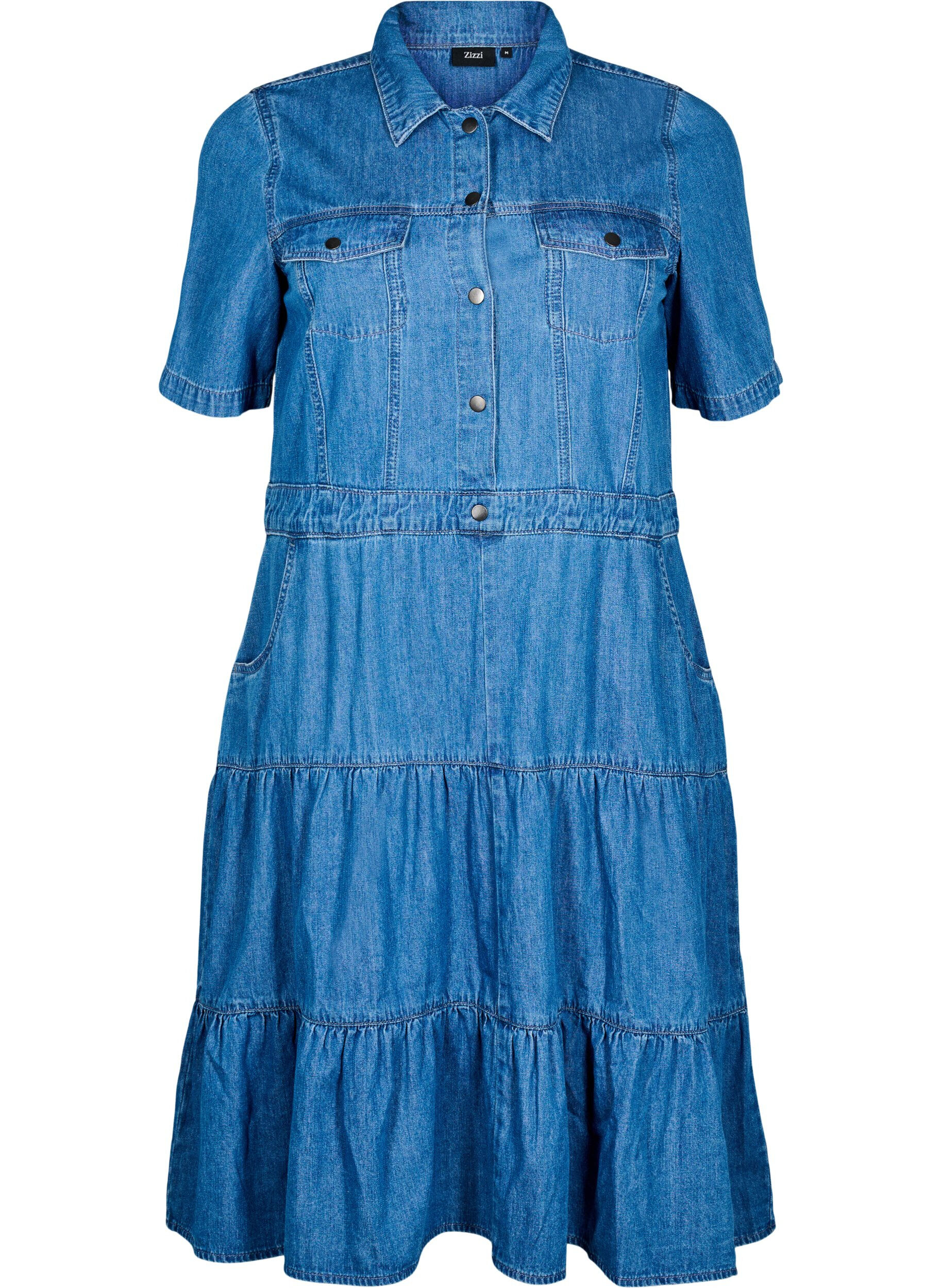 ZizziMidi denim jurk met knopen en korte mouwen, Blauw, Packshot image number 0