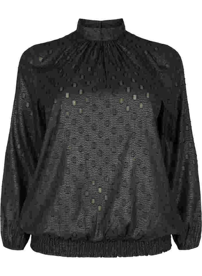 Gedessineerde blouse met lange mouwen en smok, Black
