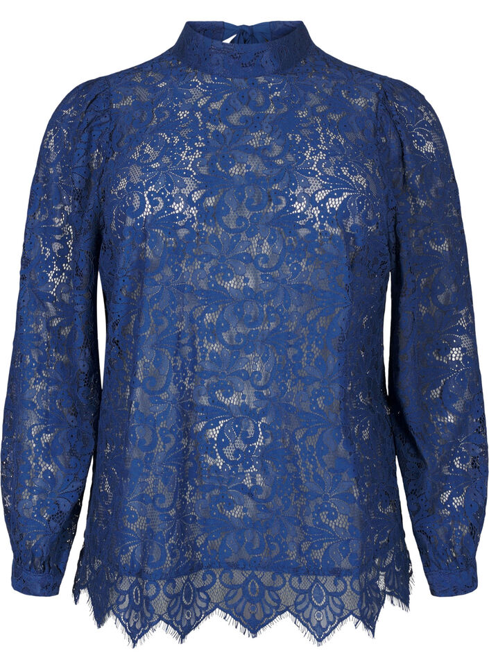 Kanten blouse met strikdetail, Estate Blue, Packshot image number 0
