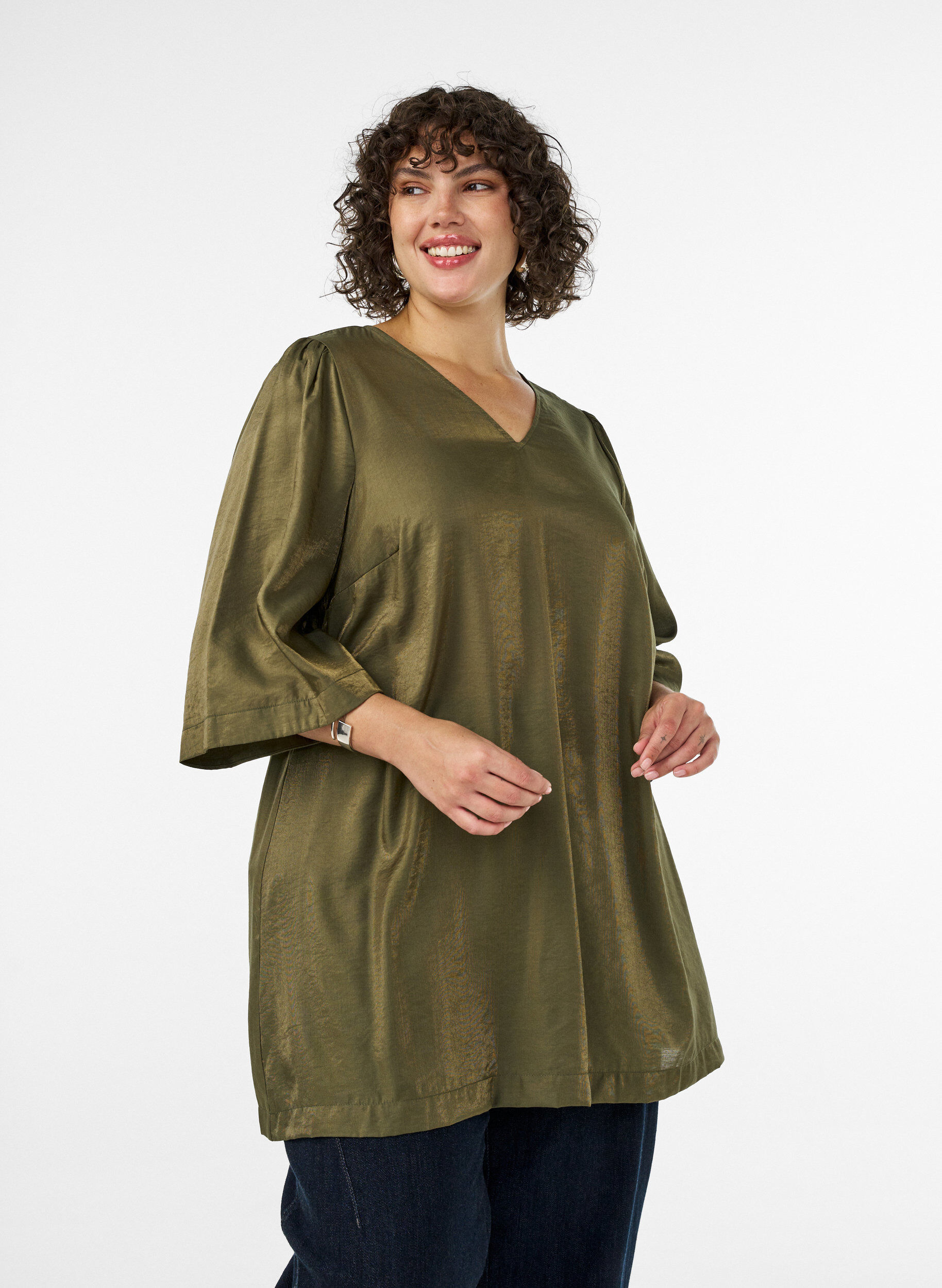 ZizziGlanzende tuniek met V-hals en 3/4 mouwen, Groen, Model image number 0