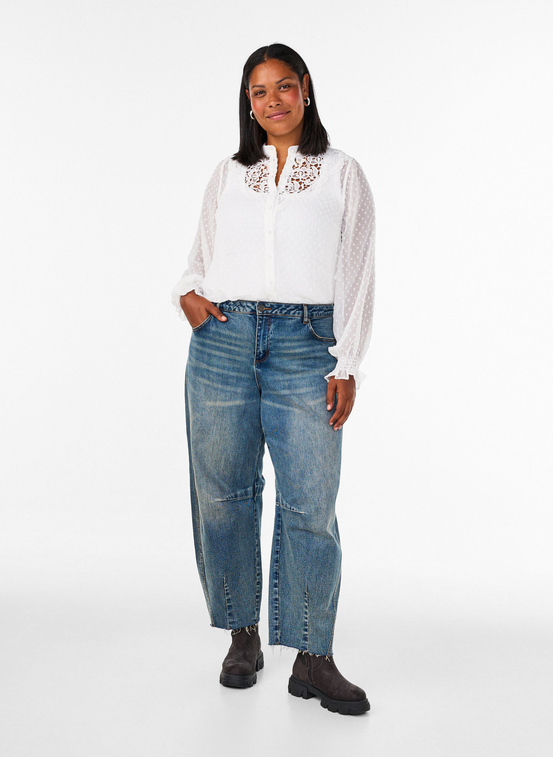 ZizziOverhemdblouse met kanten inzet en stippenpatroon, Vanille, Model image number 1