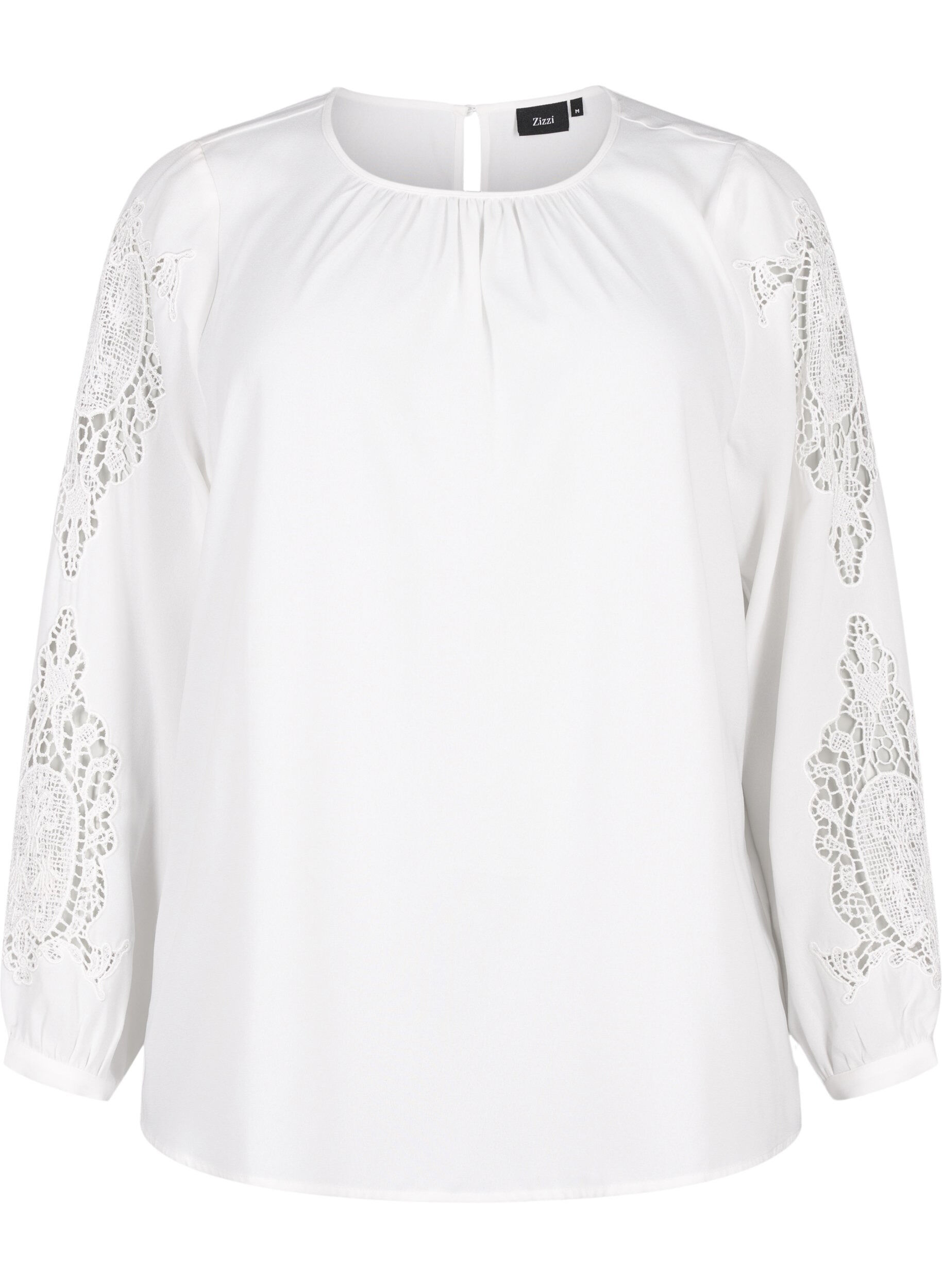 Zizzi Blouse met lange mouwen en gehaakte details, Bright White, Packshot image number 0