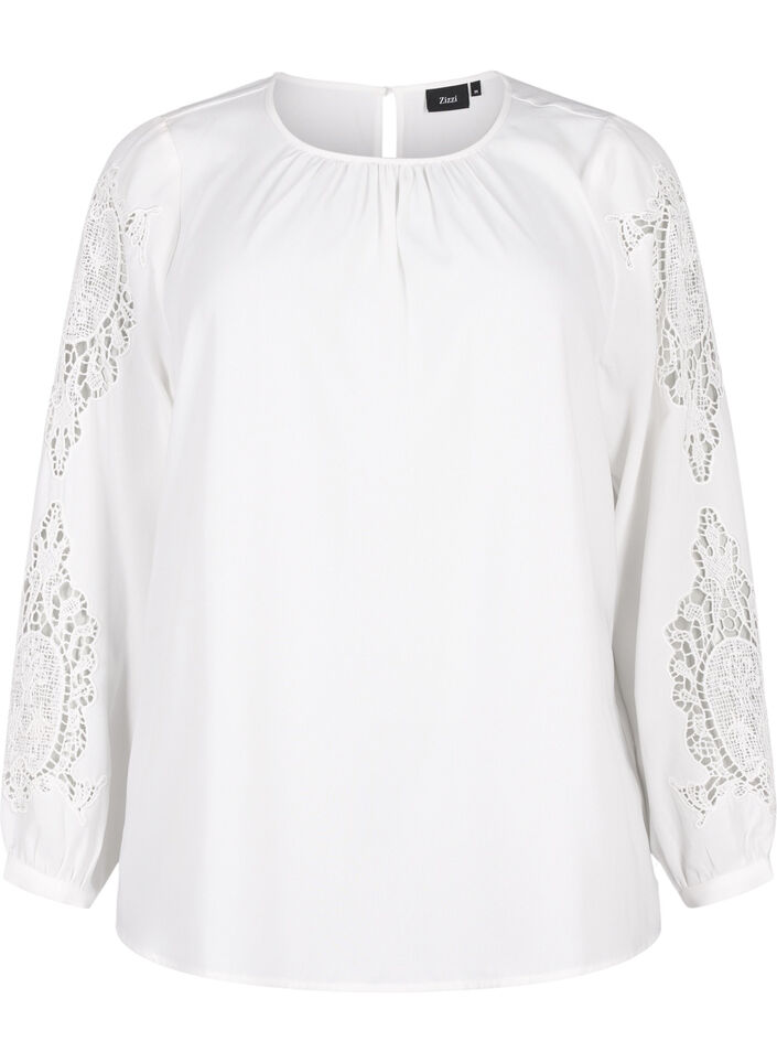 Blouse met lange mouwen en gehaakte details, Bright White, Packshot image number 0