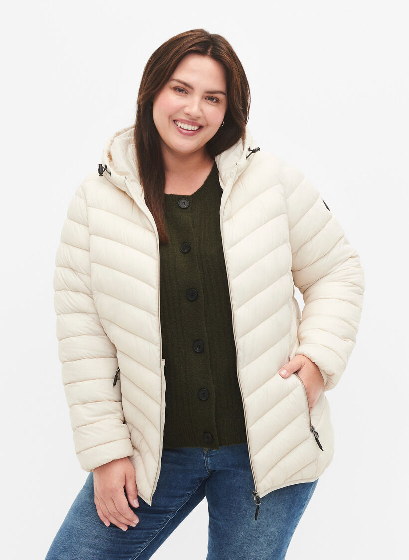 Gewatteerd lichtgewicht jack met capuchon, Beige, Model image number 0