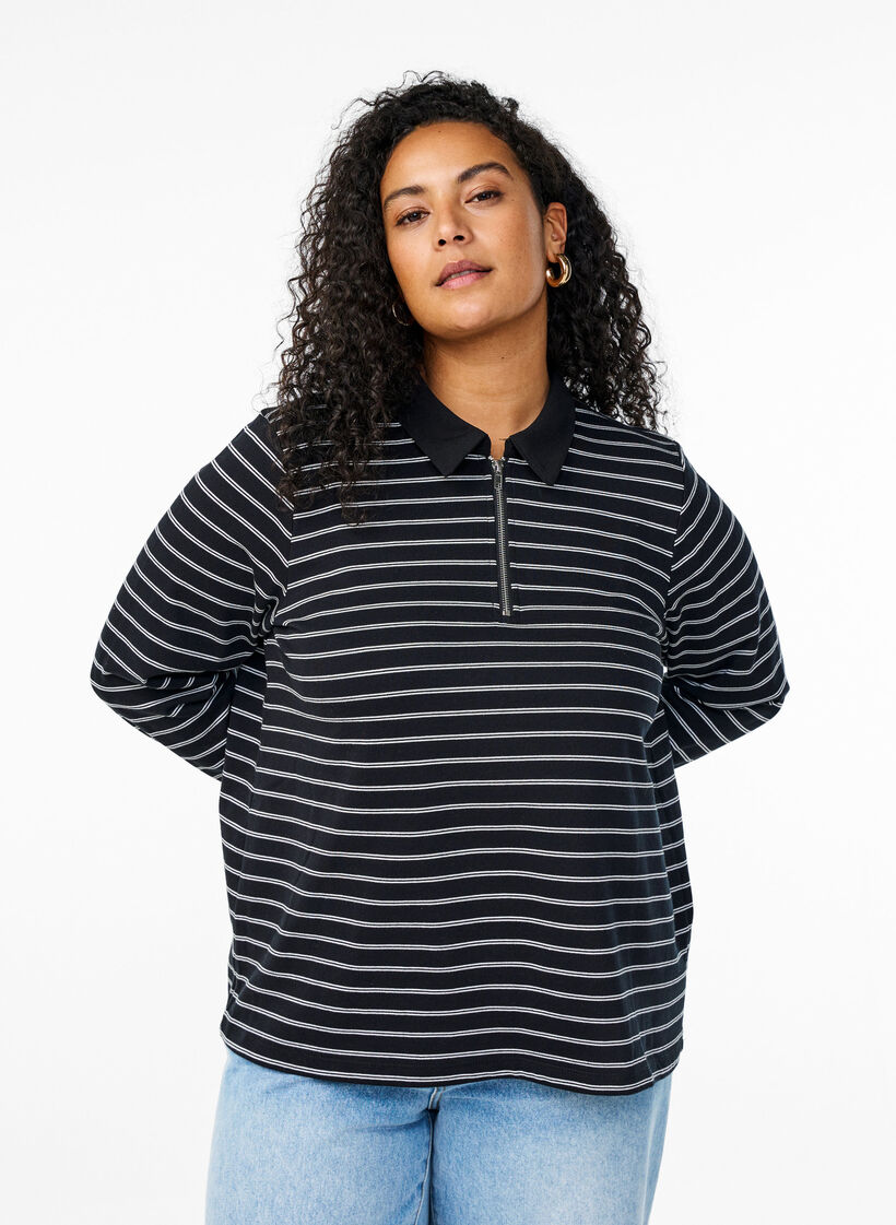 Gestreept poloshirt met ritssluiting, Zwart, Model image number 0