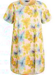 Korte jurk met een gekreukte textuur en korte mouwen, Geel