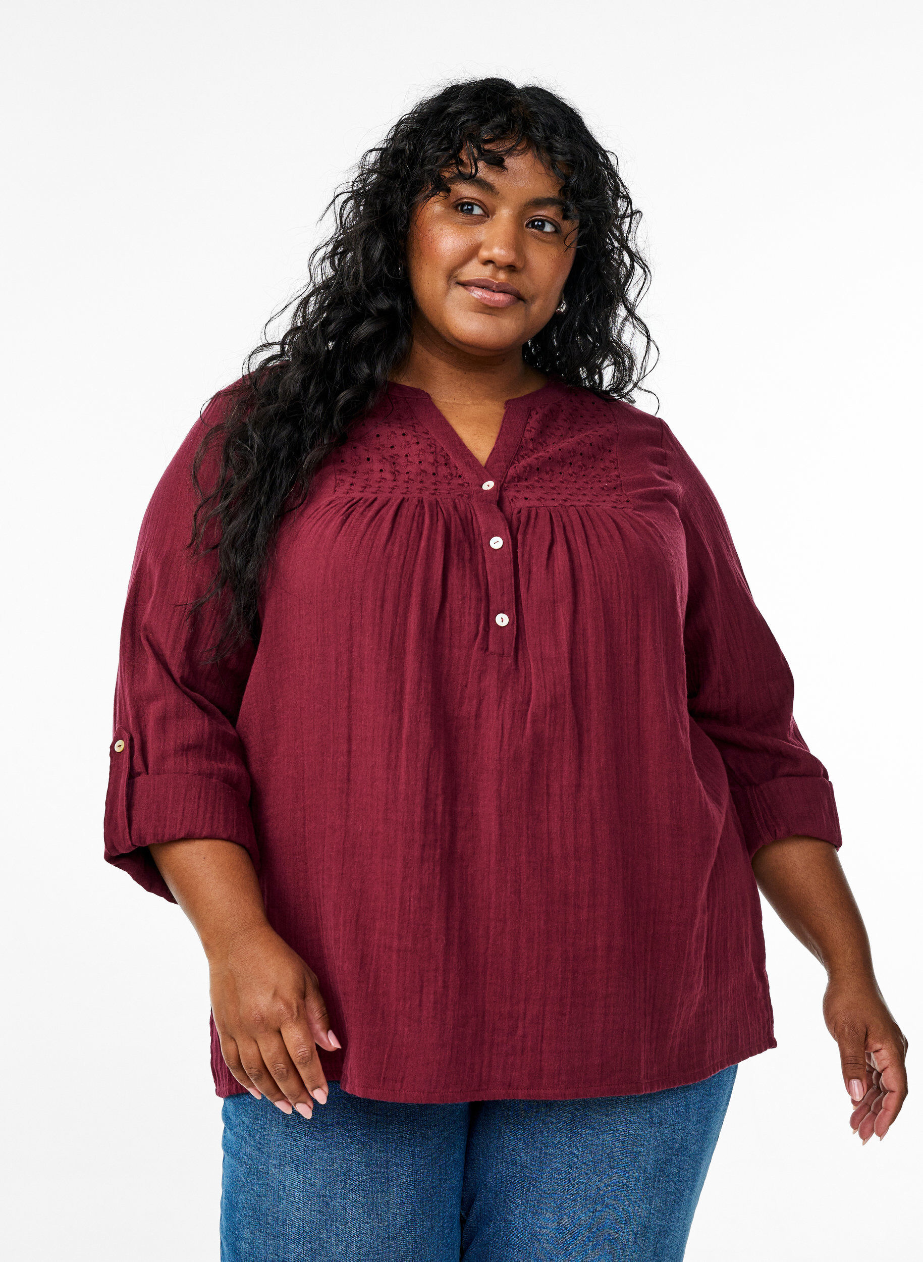 Zizzi Blouse in katoenen mousseline met broderie anglaise, Donker Bordeaux, Model image number 0