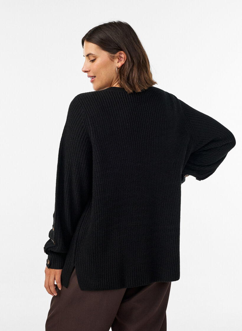 Gebreide blouse met ribstructuur en knoopdetails, Zwart, Model image number 2