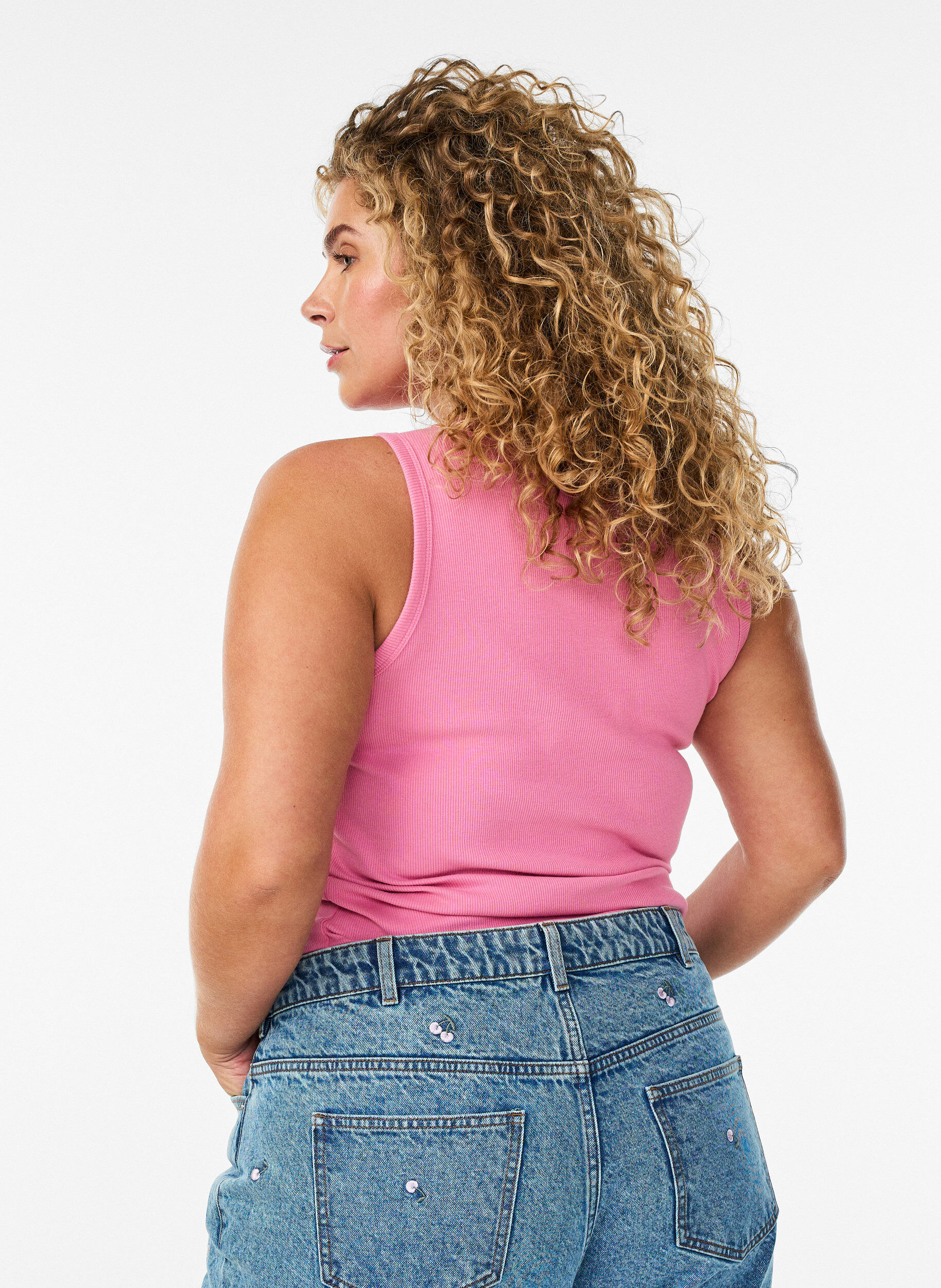 ZizziKatoenen ribtop met hoge hals, Roze, Model image number 2