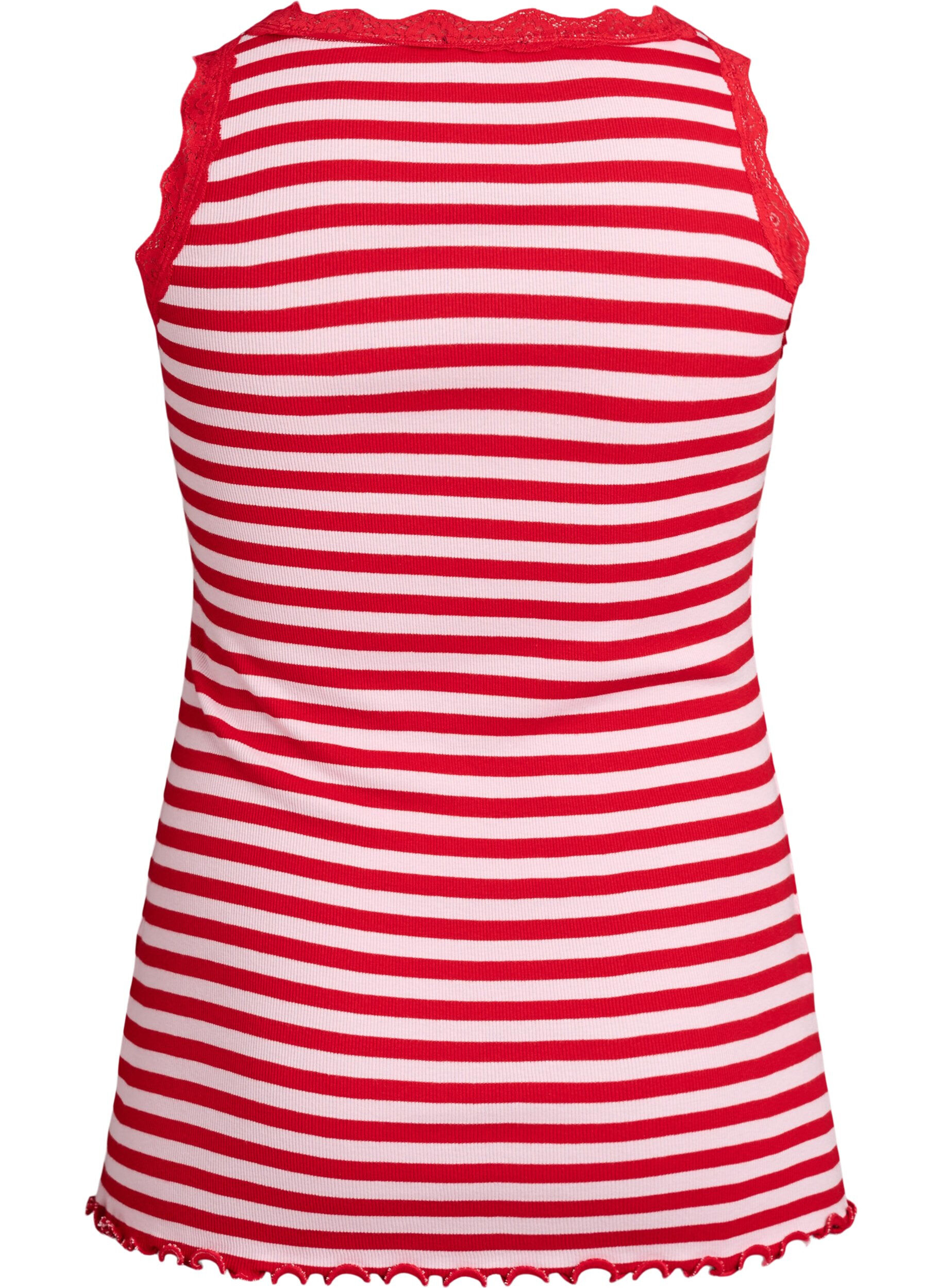 Zizzi Gestreept top met een geribde textuur en een kanten randje, Roze, Packshot image number 1