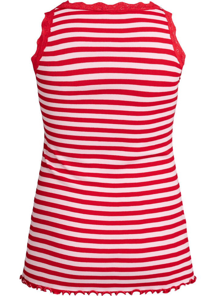 Gestreept top met een geribde textuur en een kanten randje, Roze, Packshot image number 1