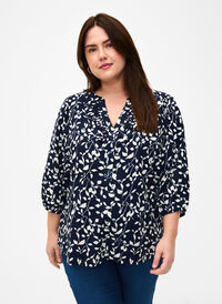 Katoenen blouse met 3/4 mouwen en print, Navy Blazer Leaf, Model