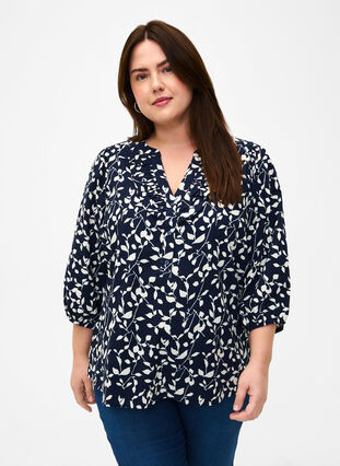 Katoenen blouse met 3/4 mouwen en print, Navy Blazer Leaf, Model image number 0