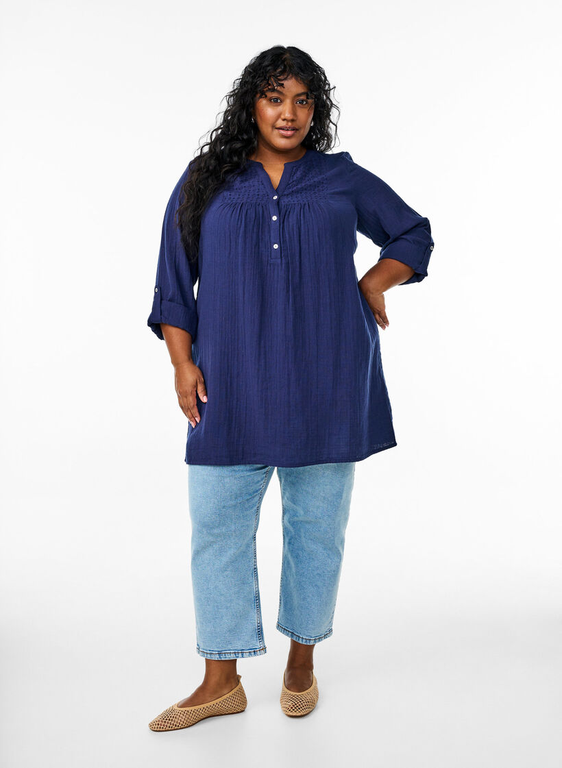 Katoenen mousseline tuniek met broderie anglaise, Blauw, Model image number 1