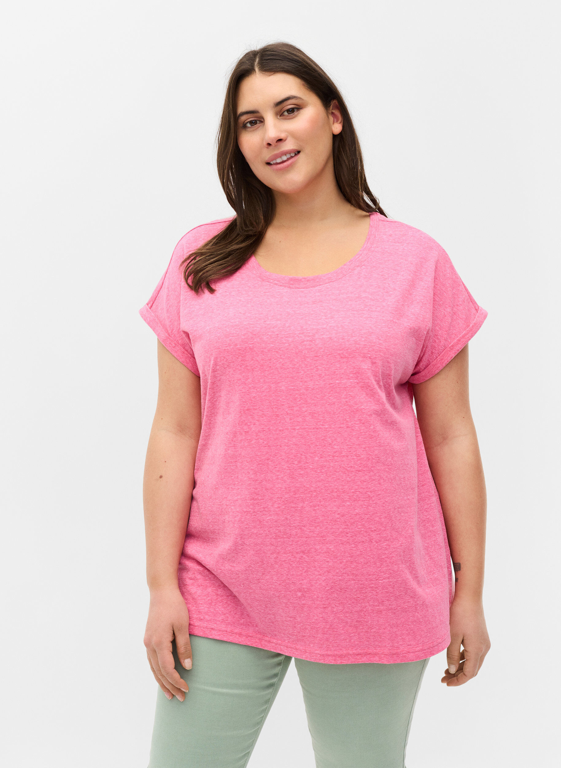 Zizzi Gem&ecirc;leerd katoenen t-shirt, Fandango Pink M&eacute;l, Model image number 0