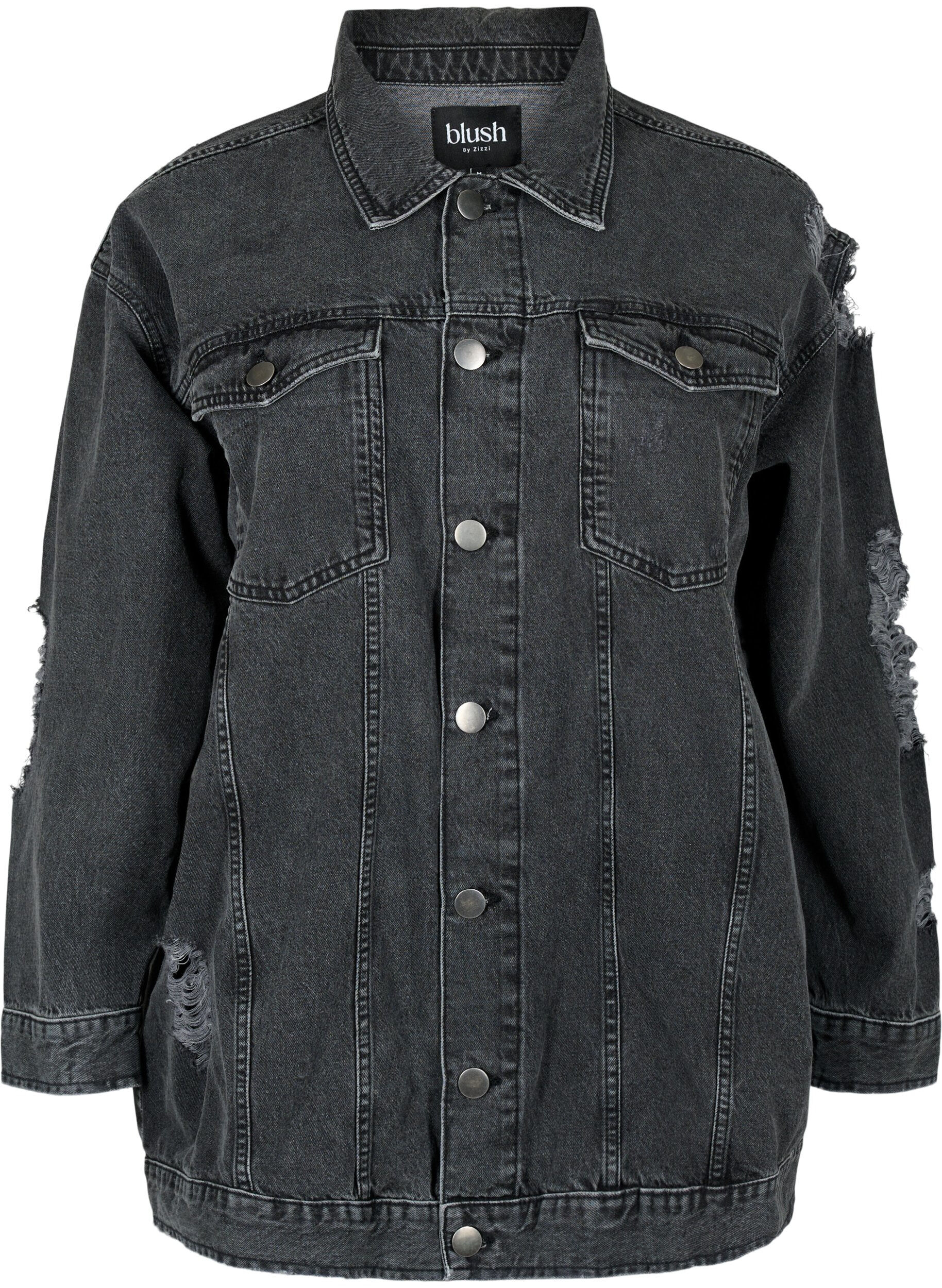 Zizzi Loszittend denim jack met slijtagedetails, Dark Grey Denim, Packshot image number 0