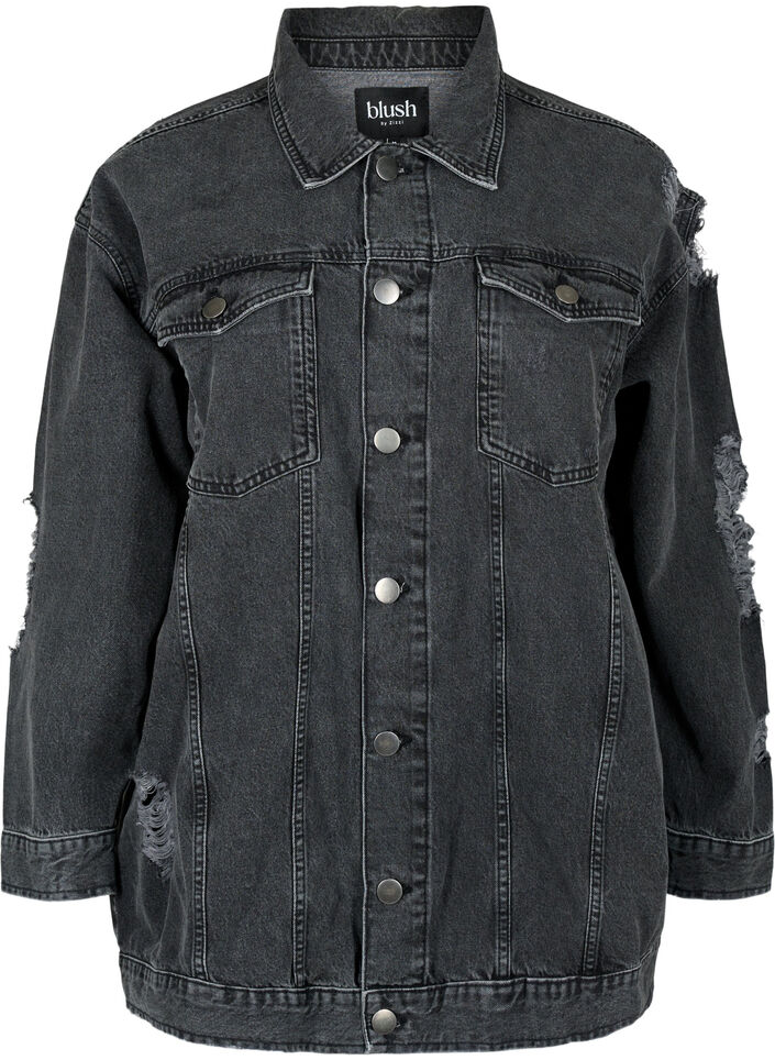 Loszittend denim jack met slijtagedetails, Dark Grey Denim, Packshot image number 0