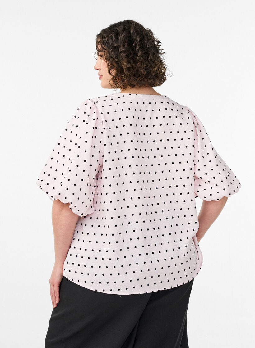 Blouse met ballonmouwen en polkadotpatroon, Roze, Model image number 2