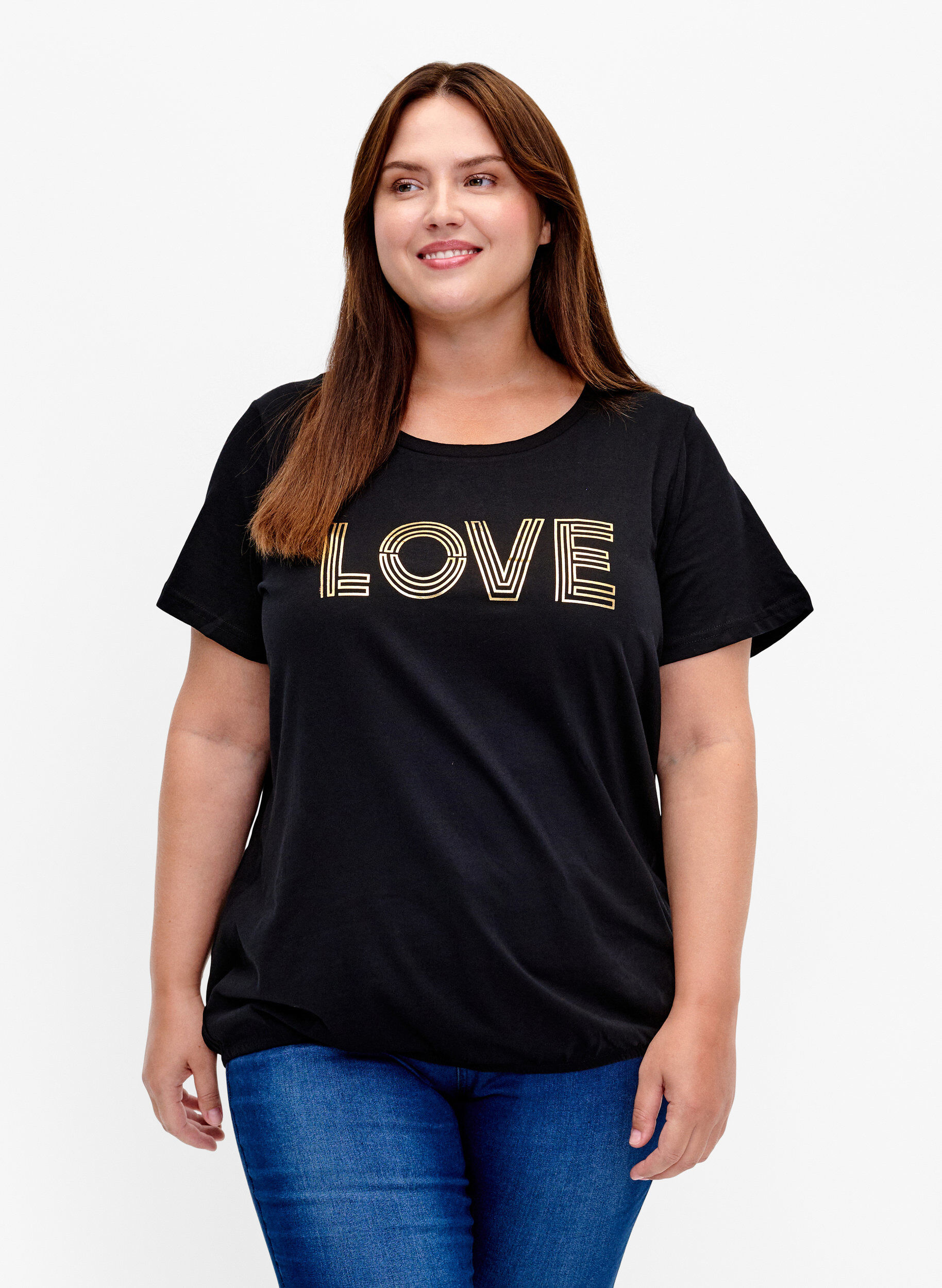 Zizzi Katoenen T- shirt met print, Black W. Love, Model image number 0