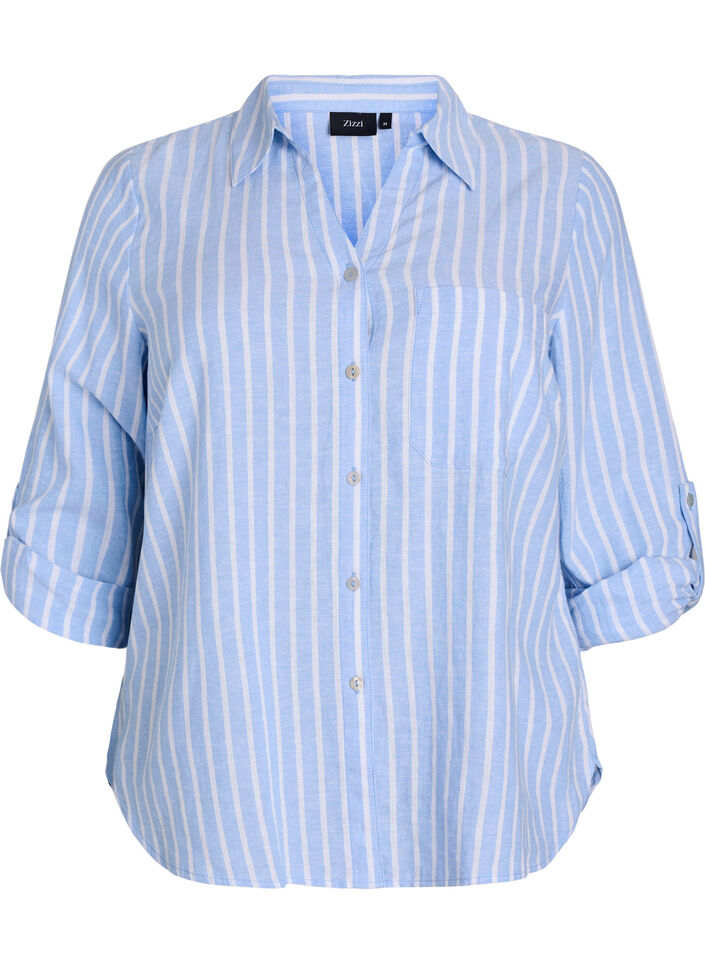 Linnen en viscose shirt met 3/4 mouwen, Blauw, Packshot image number 0
