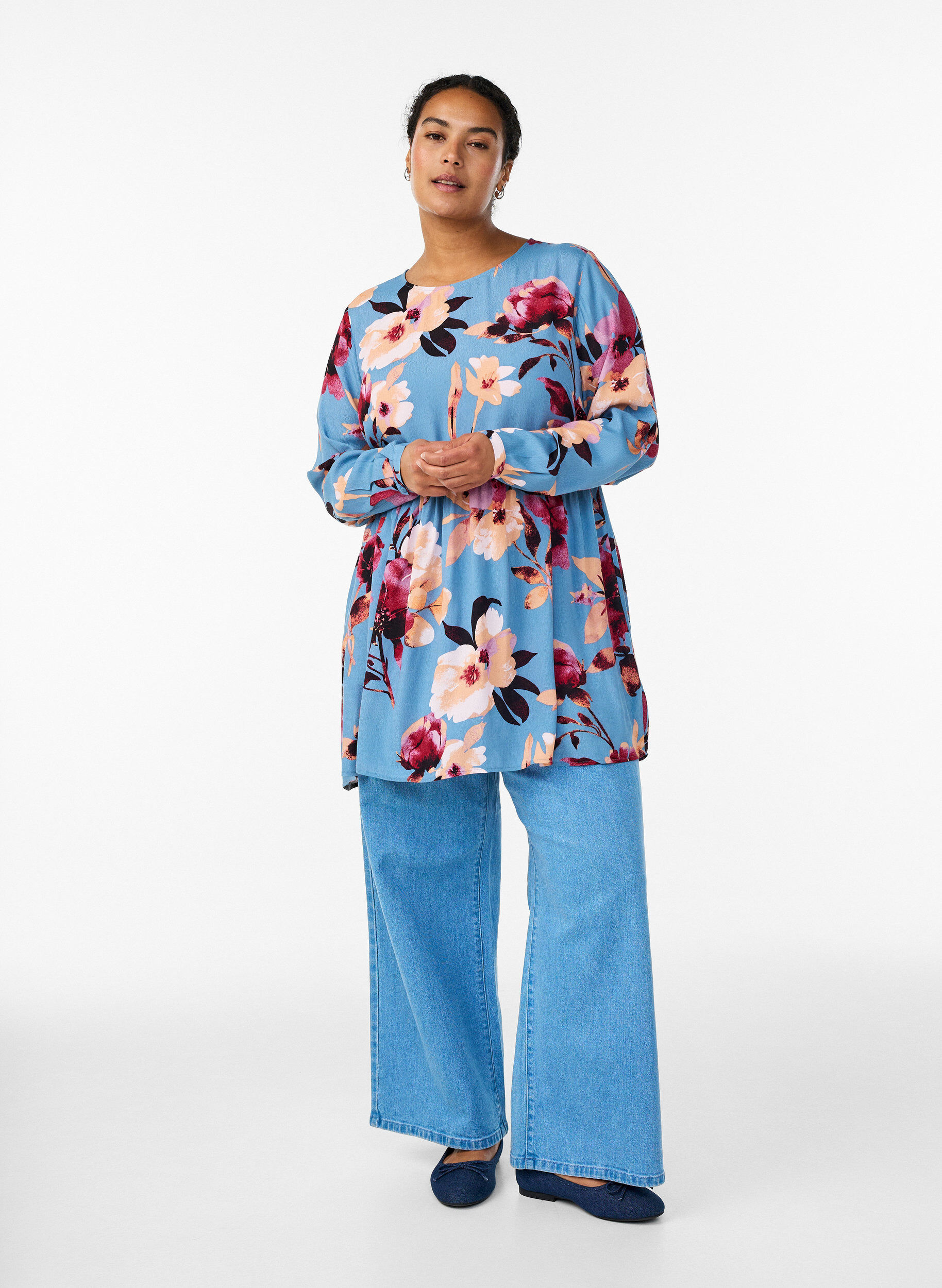 Zizzi Lange mouwen tuniek met een naad, Blauw, Model image number 1