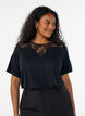 Blouse met kanten inzetstuk en ballonmouwen, Zwart, Model image number 0