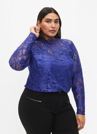 Kanten blouse met lange mouwen, Deep Ultramarine, Model