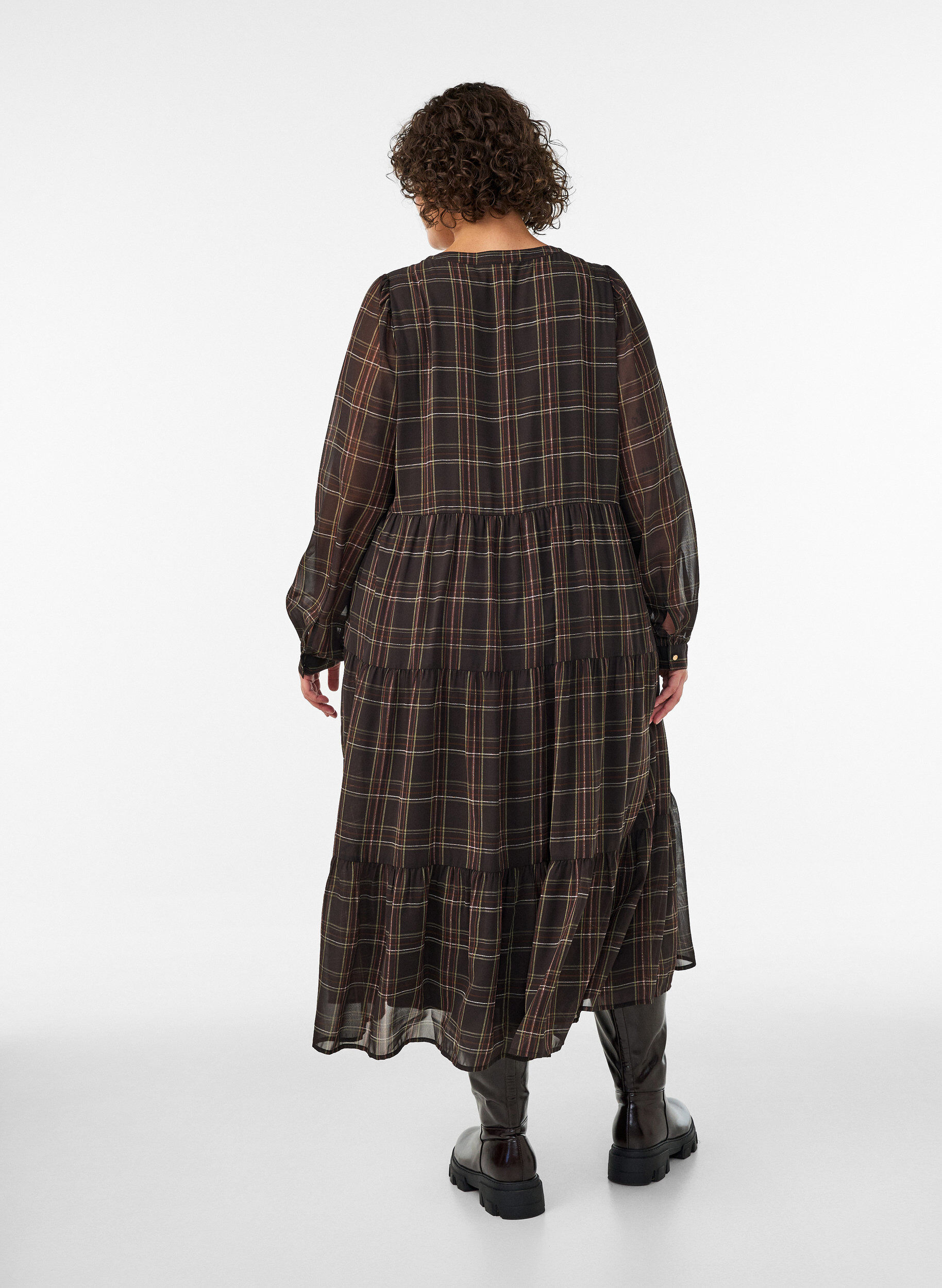 ZizziGecontroleerde midi-jurk met een rok in lagen, Bruin, Model image number 1
