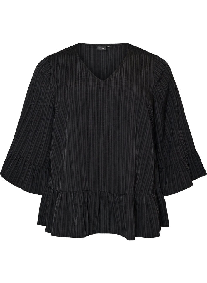 Blouse met textuur, V-hals en ruches, Zwart, Packshot image number 0