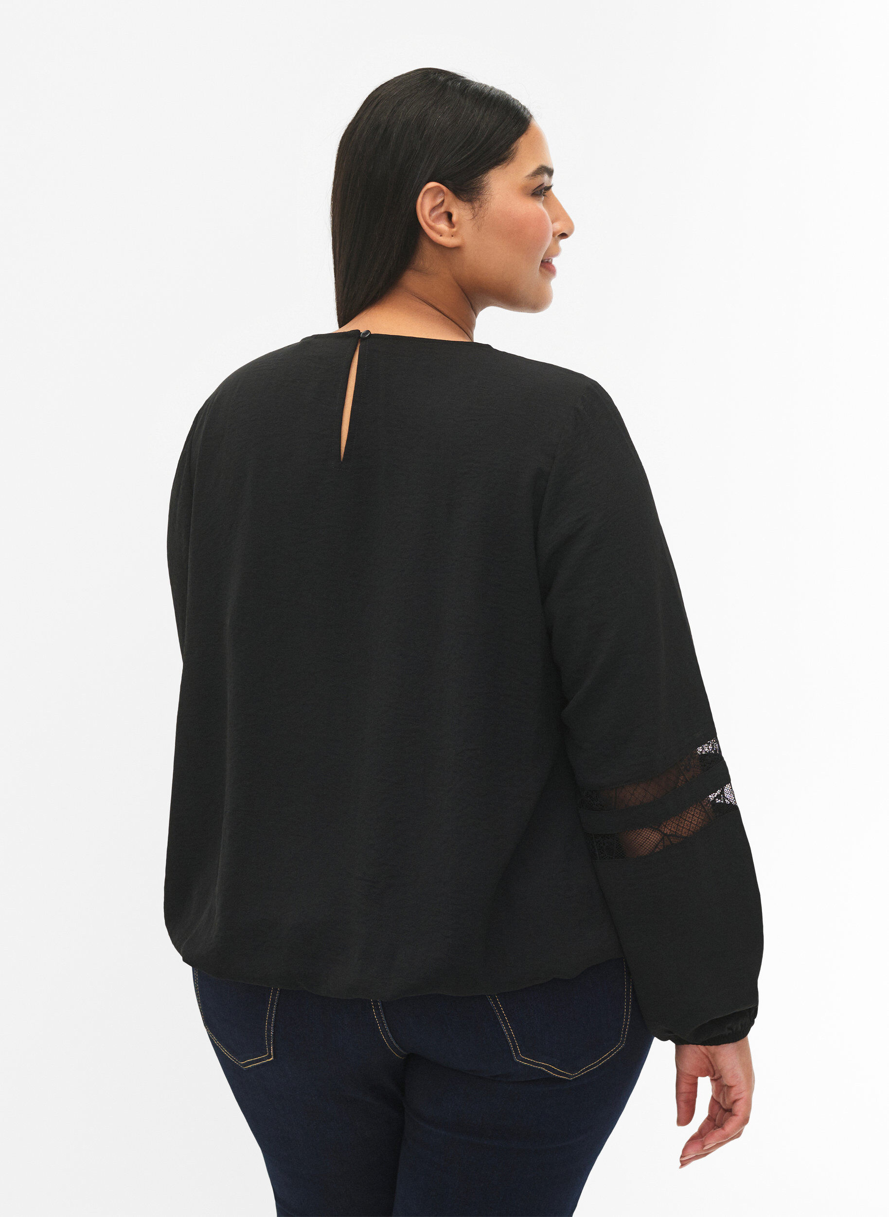 Zizzi Blouse met lange mouwen en kant, Black, Model image number 1