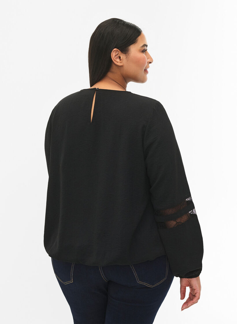 Blouse met lange mouwen en kant, Black, Model image number 1